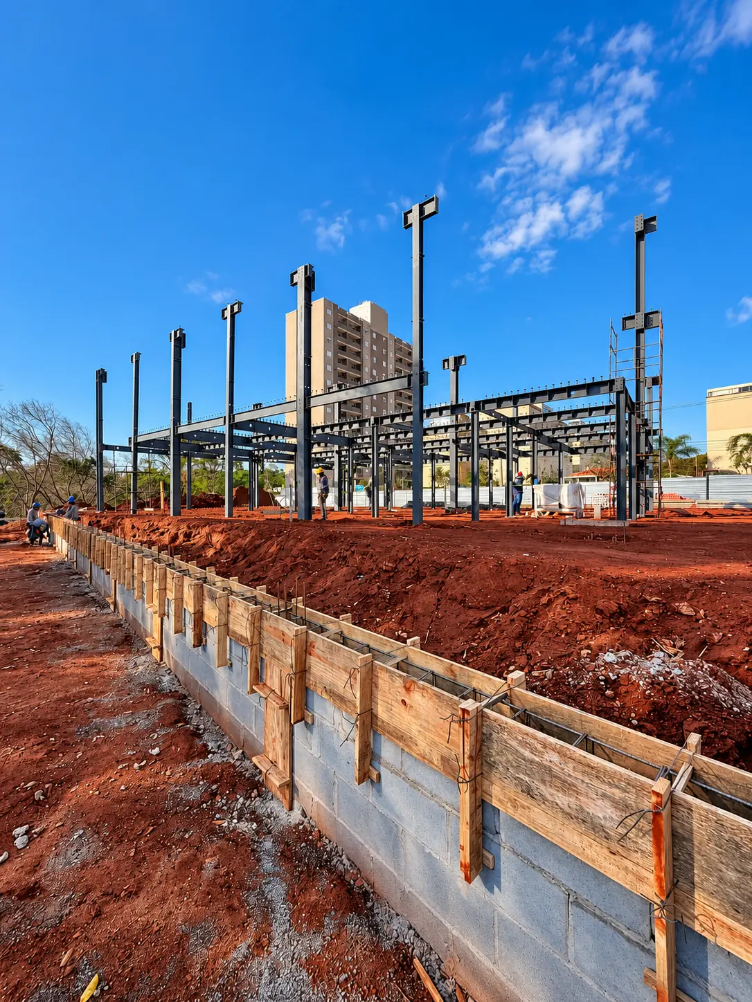 Mercato — montagem da estrutura metálica e muro de contenção