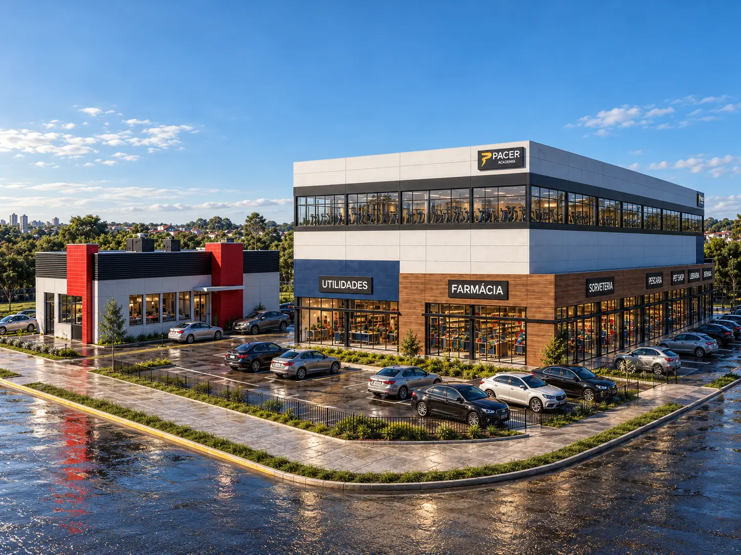 Mercato — perspectiva diurna da fachada e do estacionamento