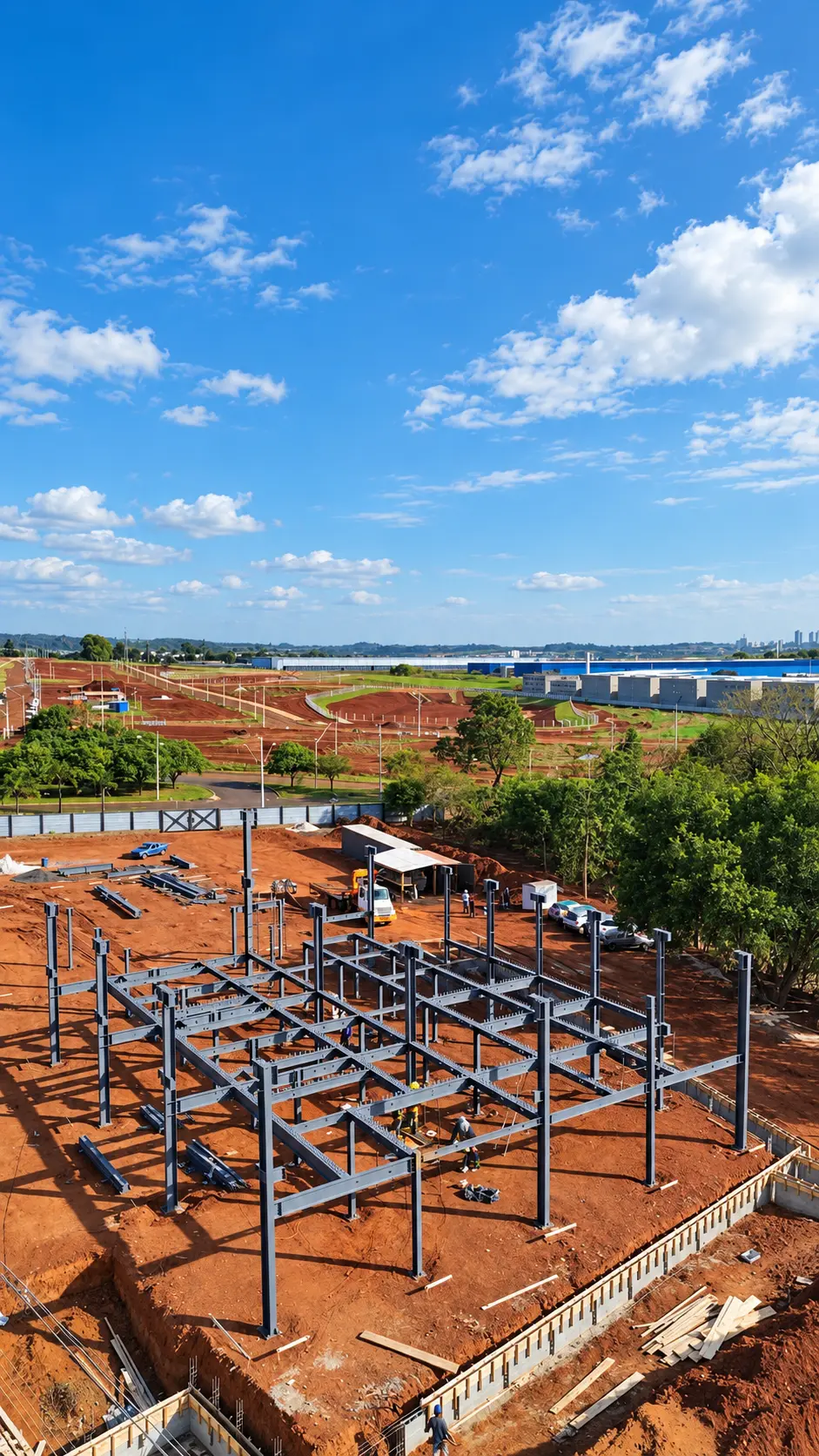 Mercato — vista aérea da estrutura metálica em montagem